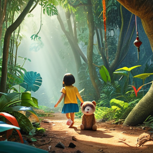 Home 4 A vibrant illustration of a child playing with 띠띠뽀, creating a story where 띠띠뽀 is lost in a colorful jungle, and the child's doll is helping 띠띠뽀 find the way back home. The scene should evoke a sense of adventure and friendship, reflecting imagination and storytelling.