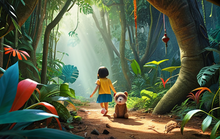 A vibrant illustration of a child playing with 띠띠뽀, creating a story where 띠띠뽀 is lost in a colorful jungle, and the child's doll is helping 띠띠뽀 find the way back home. The scene should evoke a sense of adventure and friendship, reflecting imagination and storytelling.