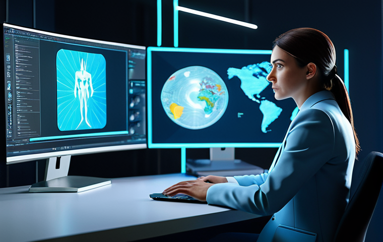A professional female animation artist in a modest business suit, sitting at a sleek desk in a futuristic studio. She is intently focused on a holographic display projecting a vibrant 3D animated character model and various AI-powered creative interfaces. The studio is clean, modern, and filled with diffused cinematic lighting.
    fully clothed, appropriate attire, professional dress, safe for work, appropriate content, perfect anatomy, correct proportions, natural pose, well-formed hands, proper finger count, natural body proportions, professional photography, high quality.