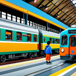 "A group of diverse, colorful cartoon trains, led by 띠띠뽀, working together to solve a problem in a vibrant railway station, fully clothed, appropriate attire, family-friendly, safe for work, perfect anatomy, correct proportions, well-formed wheels, professional illustration, high quality."