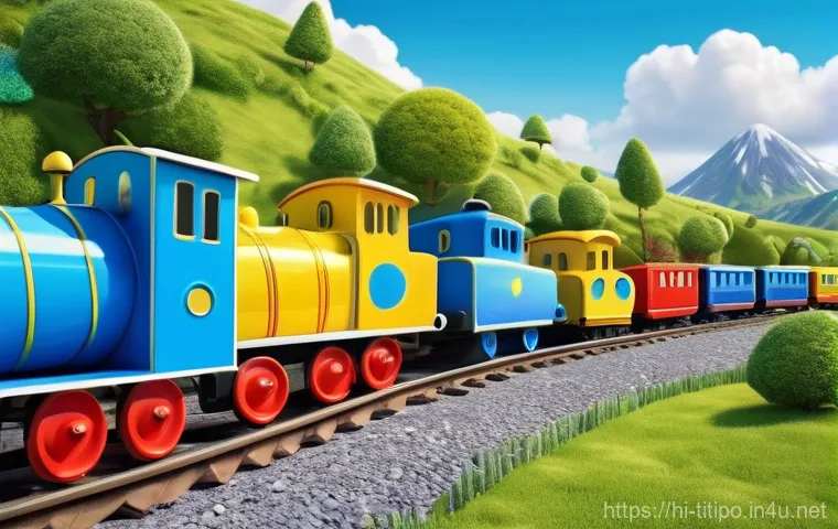 띠띠뽀와 세계 어린이들의 반응 - **Prompt:** A vibrant, colorful 3D animation style image of Titipo, the friendly blue train, cheerfu...
