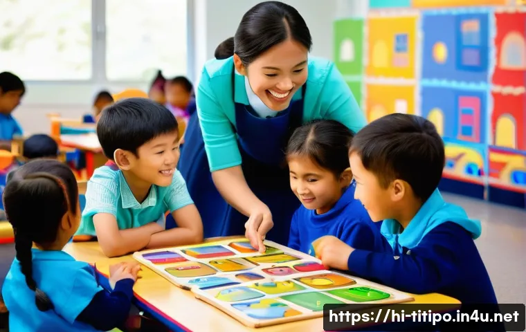 띠띠뽀와 교실에서의 활용 방법 - **Prompt:** A vibrant and cheerful classroom scene, filled with diverse children aged 5-7, fully clo...