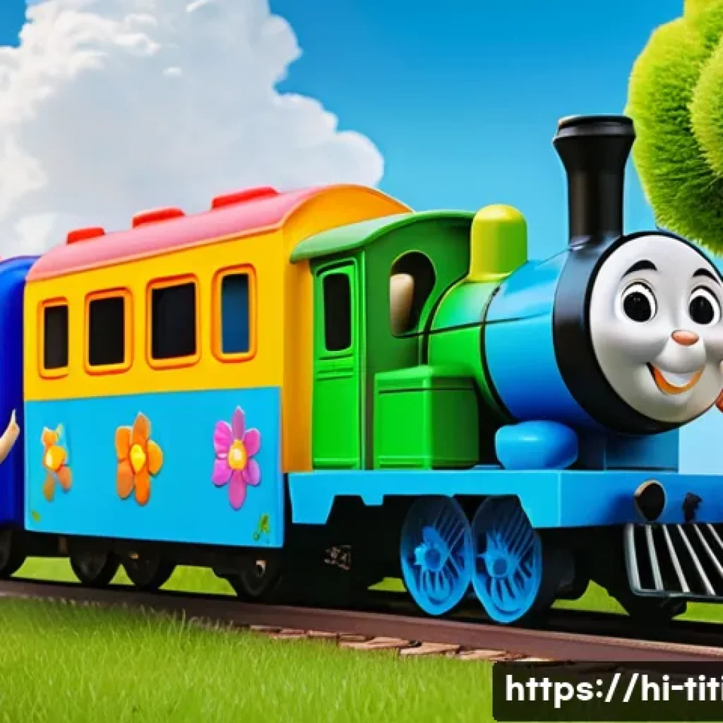 띠띠뽀 콘텐츠의 글로벌 확장 가능성 - **Prompt:** A vibrant, cheerful scene depicting Titipo the train and his friends (like Tayo, Gani, R...