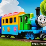 띠띠뽀 콘텐츠의 글로벌 확장 가능성 - **Prompt:** A vibrant, cheerful scene depicting Titipo the train and his friends (like Tayo, Gani, R...