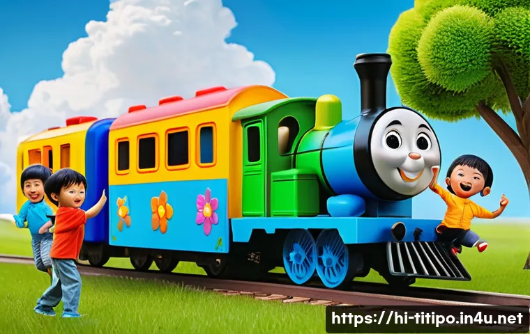 띠띠뽀 콘텐츠의 글로벌 확장 가능성 - **Prompt:** A vibrant, cheerful scene depicting Titipo the train and his friends (like Tayo, Gani, R...