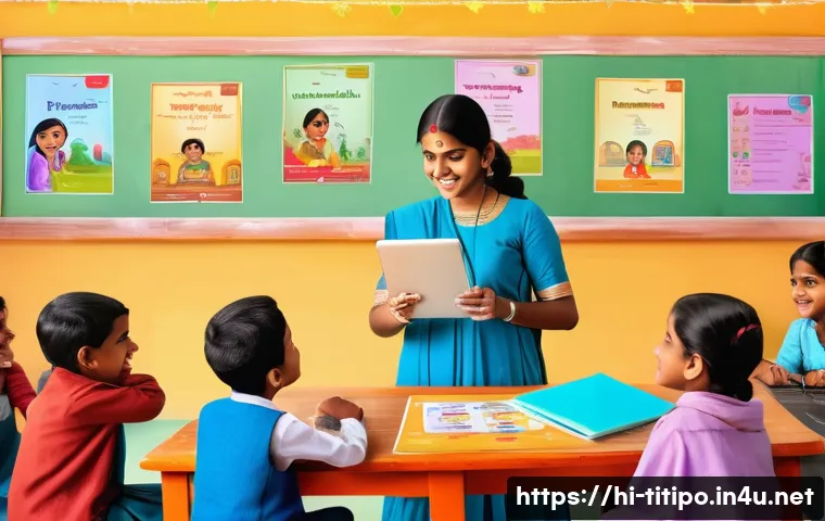 띠띠뽀 캐릭터를 활용한 교육 프로그램 - A colorful classroom scene featuring diverse animated Hindi-speaking children attentively interactin...