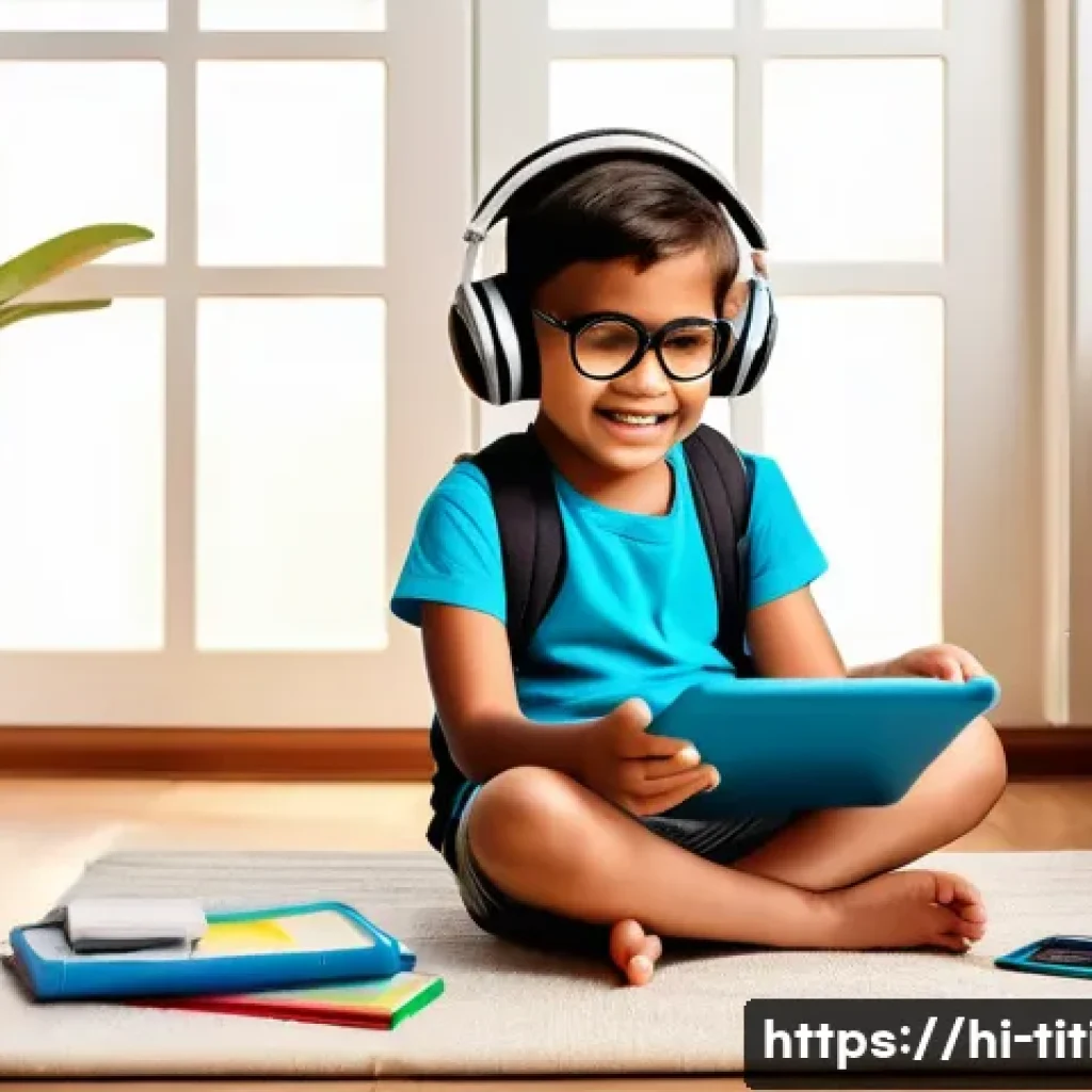 띠띠뽀 콘텐츠의 교육적 효과와 연구 - A cheerful Indian child wearing colorful casual clothes and eyeglasses, sitting cross-legged on the ...