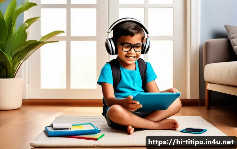 띠띠뽀 콘텐츠의 교육적 효과와 연구 - A cheerful Indian child wearing colorful casual clothes and eyeglasses, sitting cross-legged on the ...