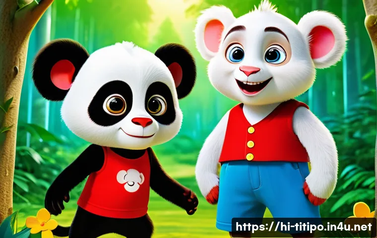 띠띠뽀 시청 후기 및 감상평 - A colorful and lively scene from a children’s cartoon featuring a clever little monkey wearing a bri...