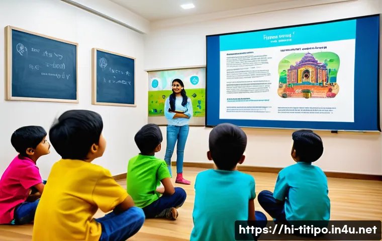 띠띠뽀 콘텐츠의 사회적 가치를 확장 - A vibrant, colorful scene showing a diverse group of Indian children sitting together in a classroom...