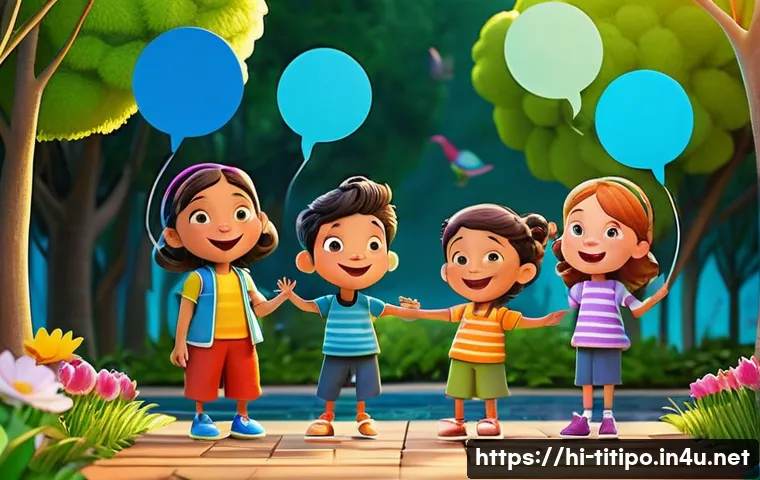 띠띠뽀 스토리텔링 방식 - A vibrant and colorful scene depicting a group of friendly, cartoon-style children’s story character...