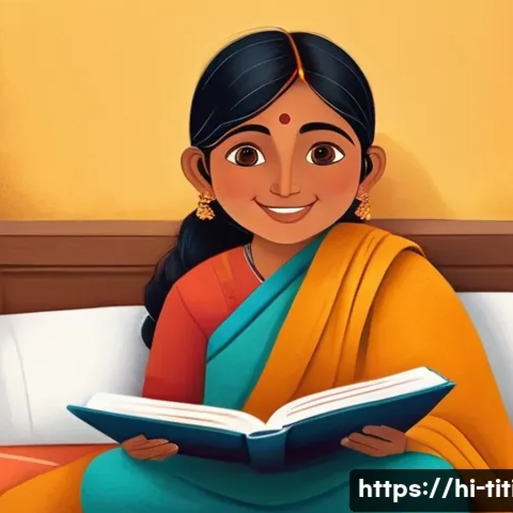 띠띠뽀 관련 책자 - A warm, cozy bedtime illustration in a children’s book style: a smiling young Indian aunt and her 3-...