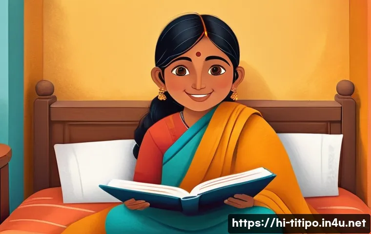 띠띠뽀 관련 책자 - A warm, cozy bedtime illustration in a children’s book style: a smiling young Indian aunt and her 3-...