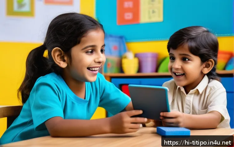 띠띠뽀 관련 교재 - A vibrant classroom scene featuring young Indian children aged 5 to 7, wearing colorful casual cloth...
