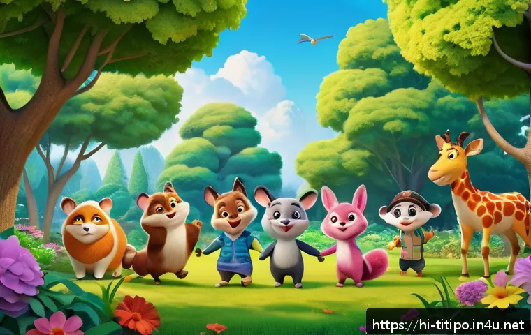 띠띠뽀 해외 방영 현황 - A vibrant and colorful scene of the main characters from the animated series "띠띠뽀," depicted as a di...
