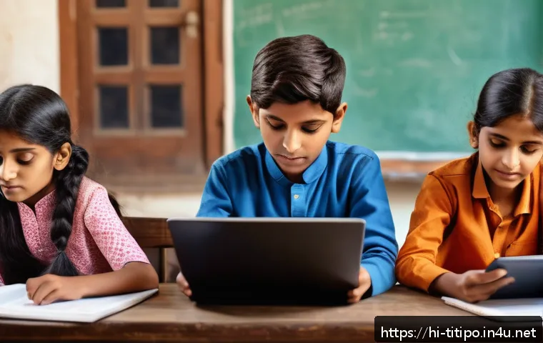 띠띠뽀 콘텐츠의 어린이 꿈과의 연결 - A vibrant digital classroom scene showing Indian children learning on tablets and laptops at home, d...