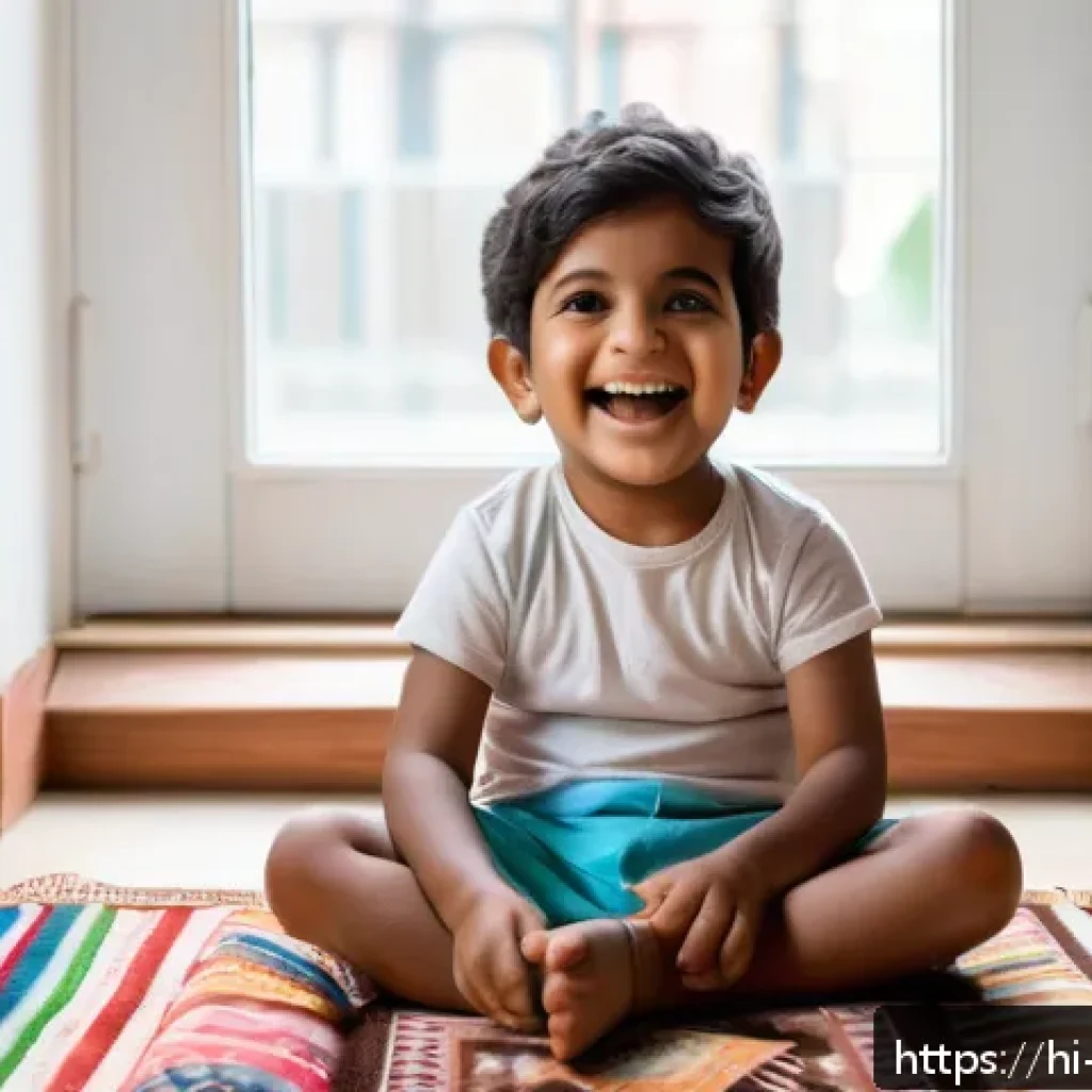 띠띠뽀 배경음악 작곡가 - A joyful scene featuring a young Indian child wearing a colorful diaper, sitting on a traditional pa...