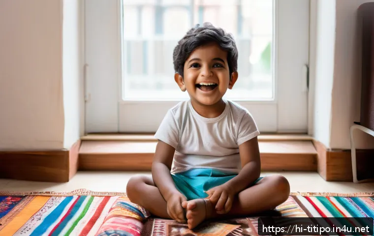 띠띠뽀 배경음악 작곡가 - A joyful scene featuring a young Indian child wearing a colorful diaper, sitting on a traditional pa...