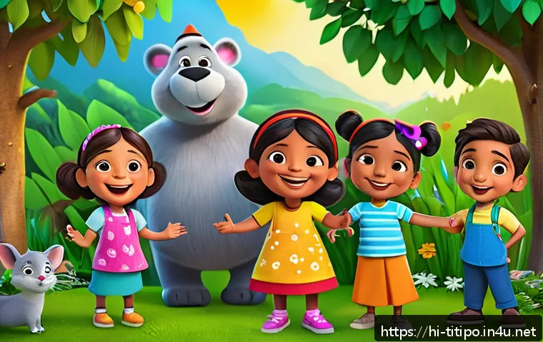띠띠뽀 에피소드 시청률 - A vibrant and colorful animated scene featuring a group of diverse, lively characters from a childre...