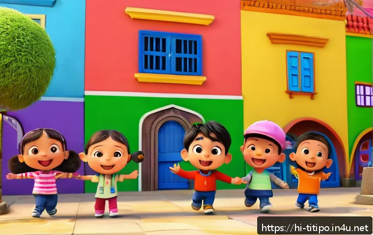 띠띠뽀 연관 애니메이션 비교 - A vibrant and colorful animated scene featuring adorable cartoon characters from the children’s educ...