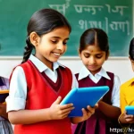 Home 20 띠띠뽀와 글로벌 파트너십 - A vibrant classroom scene with Indian children aged 7-10, wearing colorful casual clothes and some i...