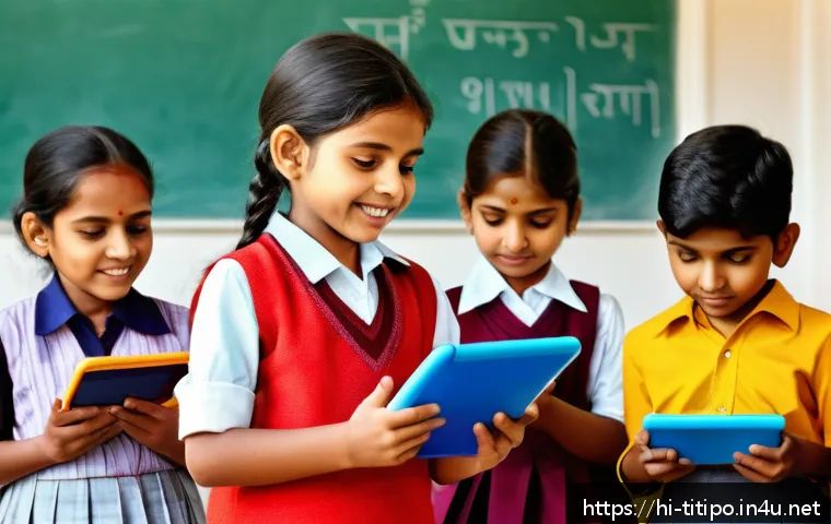 띠띠뽀와 글로벌 파트너십 - A vibrant classroom scene with Indian children aged 7-10, wearing colorful casual clothes and some i...