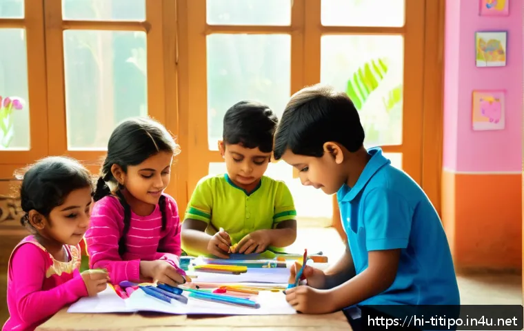 띠띠뽀와 팬들을 위한 창작 워크숍 - A vibrant workshop scene showing children aged 5 to 10 engaged in creative activities such as colori...
