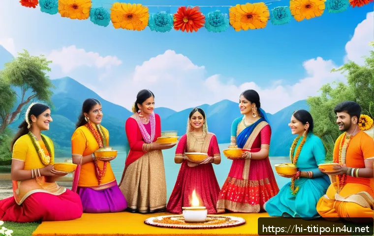 띠띠뽀 콘텐츠의 지역별 인기 차이 - A vibrant Indian rural festival scene featuring families gathered around traditional decorations, ch...