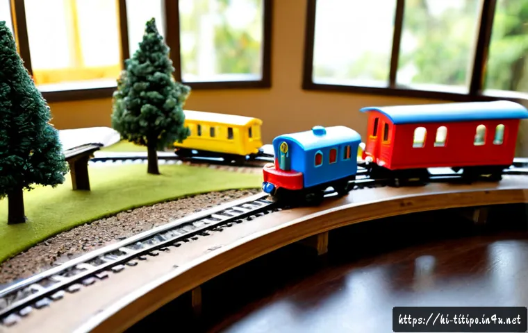 띠띠뽀 미니어처 기차 세트 - Photorealistic miniature children’s train set on a clean wooden play table, three cheerful rounded t...